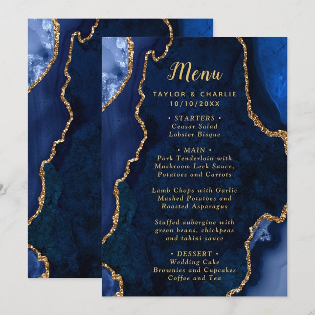 Navy-Blau und Gold-Achat Hochzeitsmenü Menükarte (Vorne/Hinten)