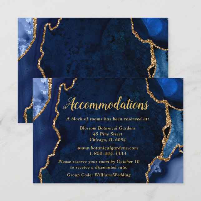 Navy Blau und Gold Achat Hochzeitsunterkünfte Begleitkarte (Vorne/Hinten)