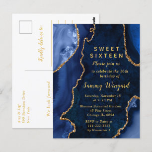 Navy Blau und Gold Achat-Marmor Sweet Sixteen Postkarte