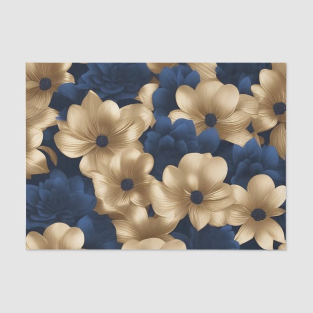 Navy Blau und Gold Elegant Blumen Seidenpapier (Vorderseite)