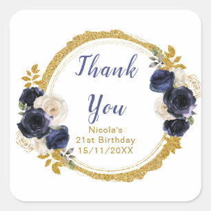 Navy Blau und Gold Elegante Blumen Geburtstag Quadratischer Aufkleber