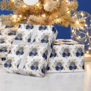 Navy Blau und Gold Elegante Blumen Geschenkpapier