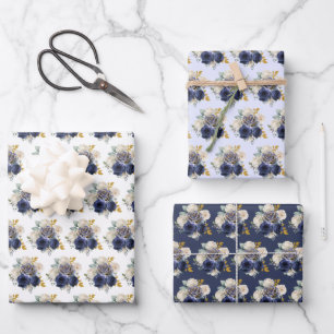 Navy Blau und Gold Elegante Blumen  Geschenkpapier Set