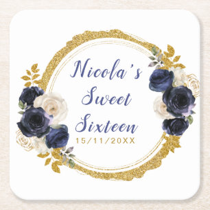 Navy Blau und Gold Elegante Blumen Sweet Sixteen Rechteckiger Pappuntersetzer