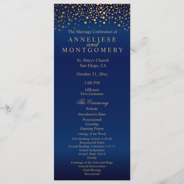 Navy Blau und Gold Konfetti Punkte - Programm (Vorderseite)