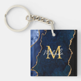 Navy Blau und Gold Marmor Achat Schlüsselanhänger