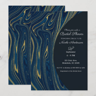 Navy Blau und Gold Moderne Glamour Marmor Brautpar Einladung
