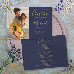 Navy Blau und Gold Schrift Foto-Hochzeit Alles in  Einladung