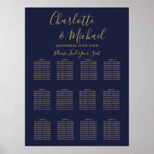 Navy Blau und Gold Signatur Hochzeits-Sitzplan Poster