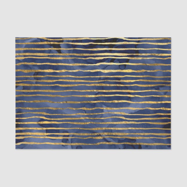 Navy Blau und Gold Streifen Muster Seidenpapier (Vorderseite)