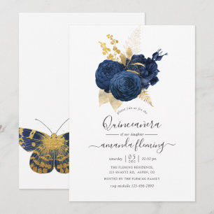 Navy-Blau und Gold Vintage-Rose Quinceañera Einladung