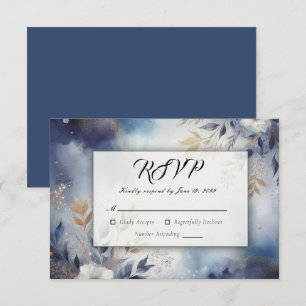 Navy Blau und Goldene Florale Hochzeit RSVP Karte