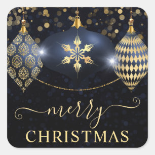 Navy Blau und Goldene Ornamente Kugeln Weihnachten Quadratischer Aufkleber