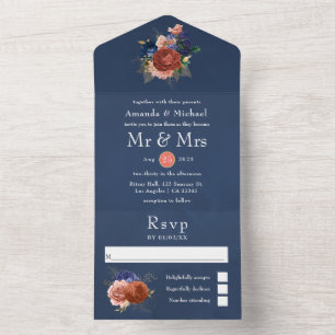 Navy Blau und Korallen Blumen Hochzeit Alles in Ei All In One Einladung