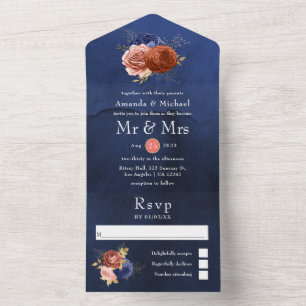 Navy Blau und Korallen Blumen Hochzeit Alles in Ei All In One Einladung