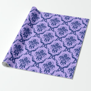 Navy Blau- und Lavendel Blumen-Damaskus-Muster Geschenkpapier