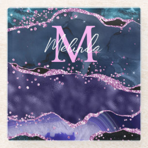 Navy Blau und Lila Glitter Ocean Achat Glasuntersetzer