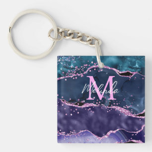 Navy Blau und Lila Glitter Ocean Achat Schlüsselanhänger