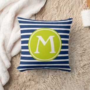 Navy Blau und Limettengrün gestreiftes Monogramm Kissen