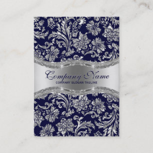 Navy Blau und Metallic Silber Vintage Damast Visitenkarte