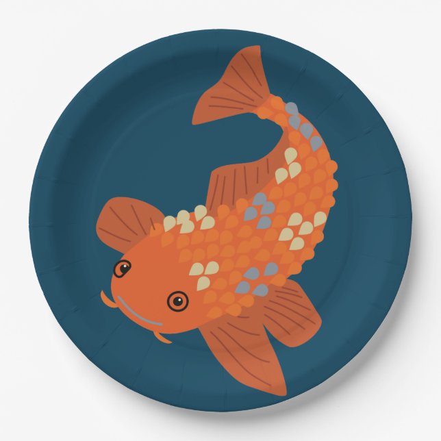 Navy Blau und Orange Schwimmen Koi Goldfish Pappteller (Vorderseite)
