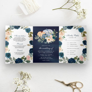 Navy Blau und Pfirsich Blumiger Kürbis Hochzeit Dreifach Gefaltete Einladung