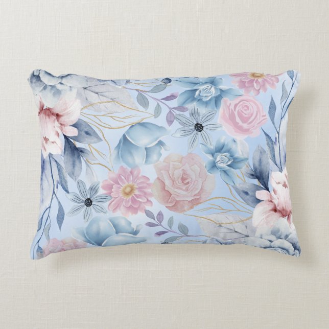 Navy Blau und Rosa Blumen Dekokissen (Vorderseite)