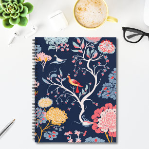 Navy Blau und Rosa Blumen-Vogel-Muster Notizbuch