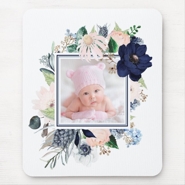 Navy Blau und Rosa Floral mit Ihrem Foto Mousepad (Vorne)