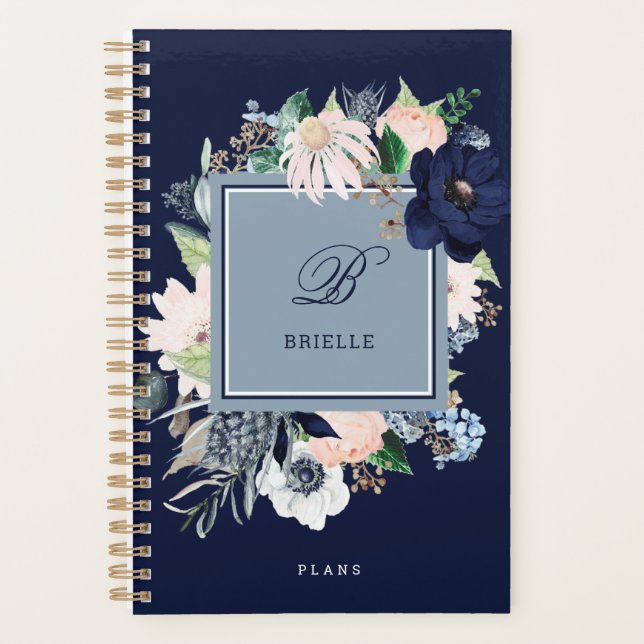 Navy Blau und Rosa Floral | Name und Monogramm Planer (Vorderseite)