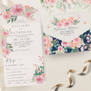 Navy Blau und rosa florale Budget-Hochzeit All In One Einladung