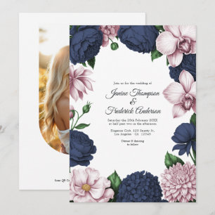 Navy Blau und Rosé Aquarell Blumen Hochzeit Einladung