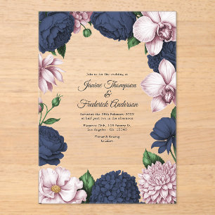 Navy Blau und Rosé Modernes Botanisches Hochzeitst Acryleinladungen