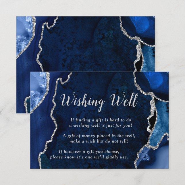 Navy Blau und Silber Achat Hochzeit Wunschbrunnen Begleitkarte (Vorne/Hinten)