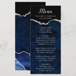 Navy-Blau und Silber-Achat Hochzeitsmenü Menükarte