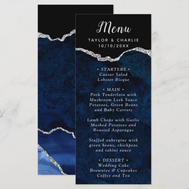 Navy-Blau und Silber-Achat Hochzeitsmenü Menükarte (Vorne/Hinten)