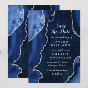 Navy Blau und Silber Achat-Marmor Save The Date Einladung
