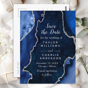 Navy Blau und Silber Achat-Marmor Save The Date Postkarte