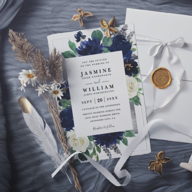 Navy Blau und Silber Blumen QR-Code Hochzeit Einladung (Von Creator hochgeladen)