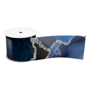 Navy Blau und Silber Faux Glitter Achat Satinband