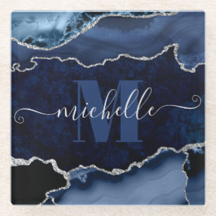 Navy Blau und Silber Glitter Marmor Achat Monogram Glasuntersetzer