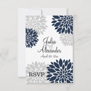 Navy Blau und Silber-Grau Floral Burst RSVP Karte