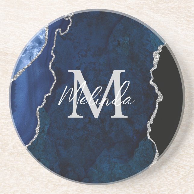 Navy Blau und Silber Marmor Achat Getränkeuntersetzer (Vorne)