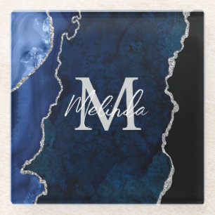 Navy Blau und Silber Marmor Achat Glasuntersetzer