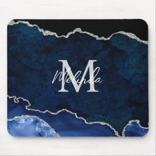 Navy Blau und Silber Marmor Achat Mousepad
