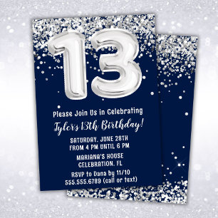 Navy Blau und Silber zum 13. Geburtstag Einladung