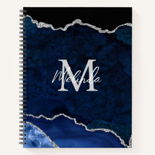 Navy Blau und Silbermarmor-Achat Notizbuch