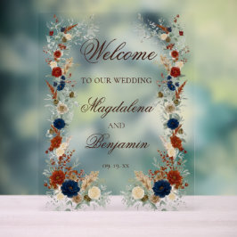 Navy Blau und verbrannte Orange Florale Hochzeitsb Acrylschild