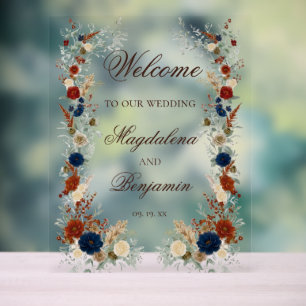 Navy Blau und verbrannte Orange Florale Hochzeitsb Acrylschild