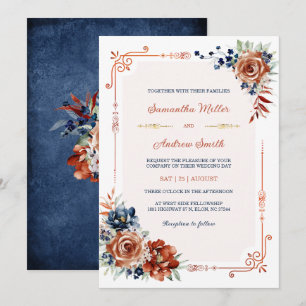 Navy Blau und verbranntes Orange Gold Hochzeitsvor Einladung